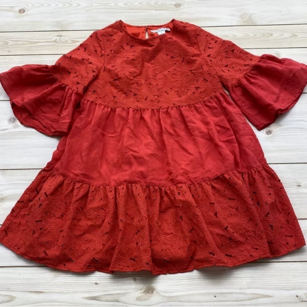 Flying tomato Small Red short tiered ruffle bell sleeve crocheted mini dress